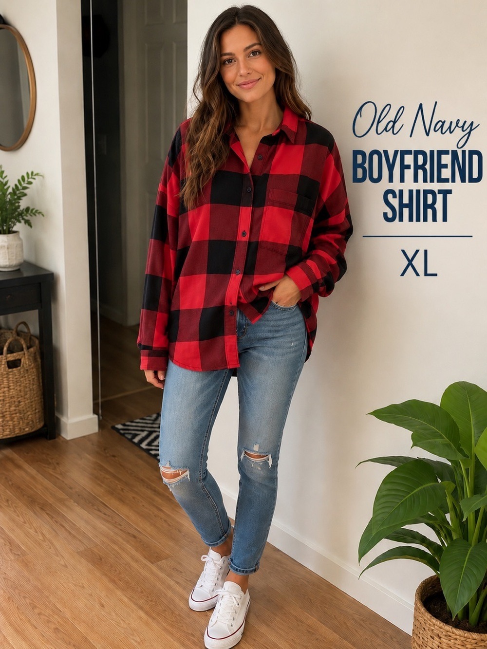 Old Navy Red & Black Buffalo Plaid Boyfriend Shirt XL Oversized Flannel